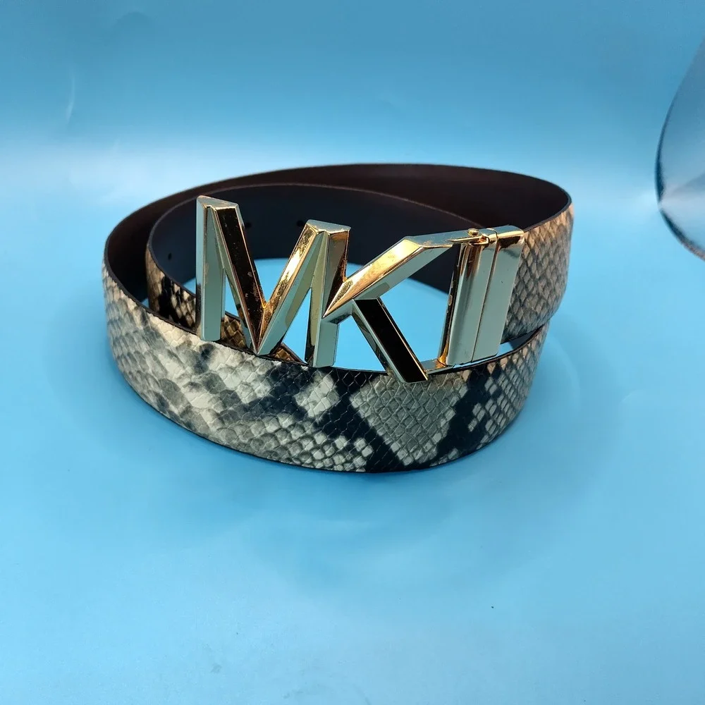 Michael Kors Snakeskin Print Belt Gold MK Logo Buckle Neutral Exotic S/M